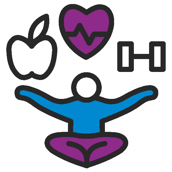 Fitness and wellness icons: apple, heart, dumbbell, and person stretching in blue and purple