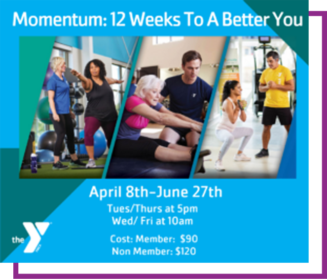 YMCA fitness class flyer with four workout photos, blue background, and event details for April 8–June 27.