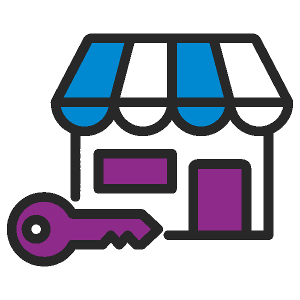 Storefront icon with blue-and-white awning and a purple key in front