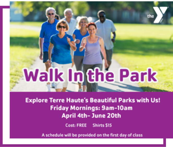 People walking in a park with the title “Walk In the Park” and event details on a purple banner.