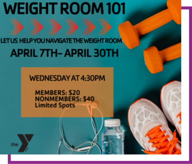 Weight Room 101 fitness event flyer with dates, time, pricing, and sneakers, water bottle, and earbuds on a teal background