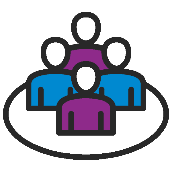 Stylized group icon with four people in blue and purple standing on an oval base