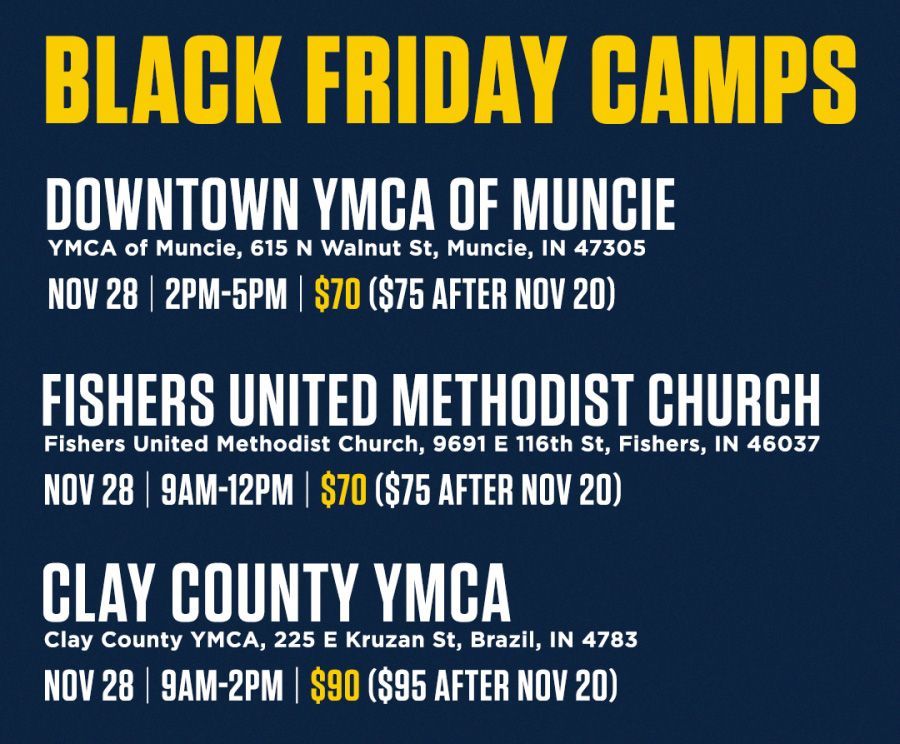 Black Friday Camps flyer listing YMCA camp dates, times, prices, and locations in Indianapolis area