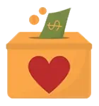 Donation box with a heart, a ballot card, and coins