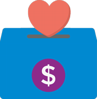 Pink heart above blue donation box with a dollar symbol on the front