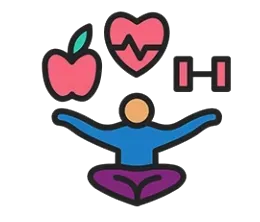 Heart, apple, and dumbbell icons above a person meditating in blue and purple.
