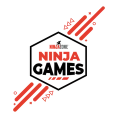 A black-outlined hexagon containing the red and black text