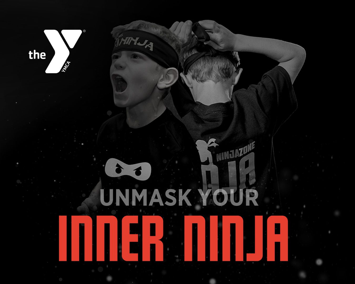 Promotional graphic for a YMCA ninja program featuring two participants in masks with the text