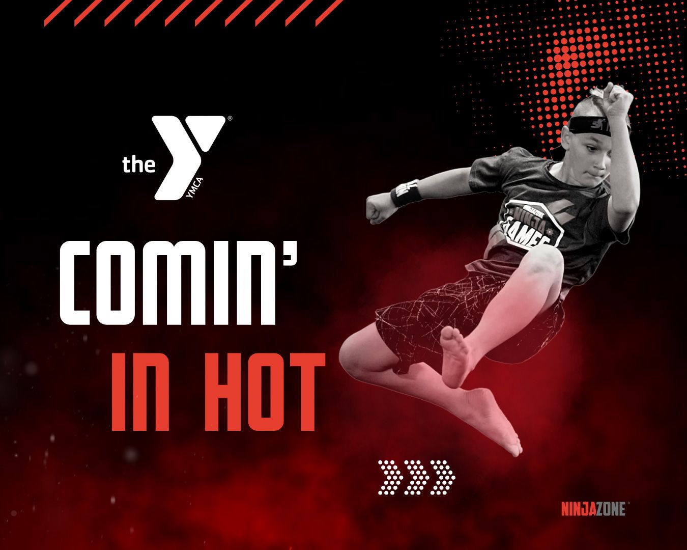 A person jumps mid-air in a YMCA advertisement with the text