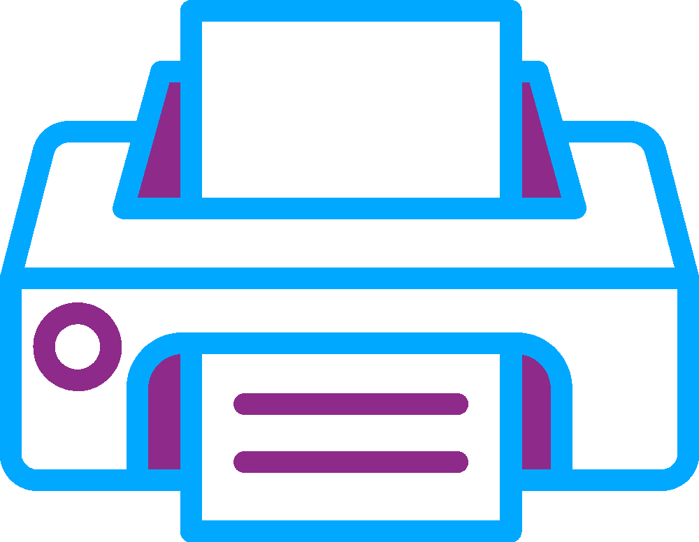 Blue and purple line icon of a printer with paper tray and output sheet