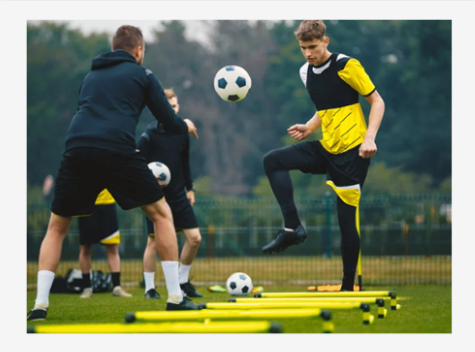 Two soccer players in yellow and black training on a field with balls and agility hurdles