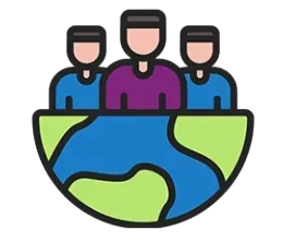 Three people standing behind a blue and green globe icon