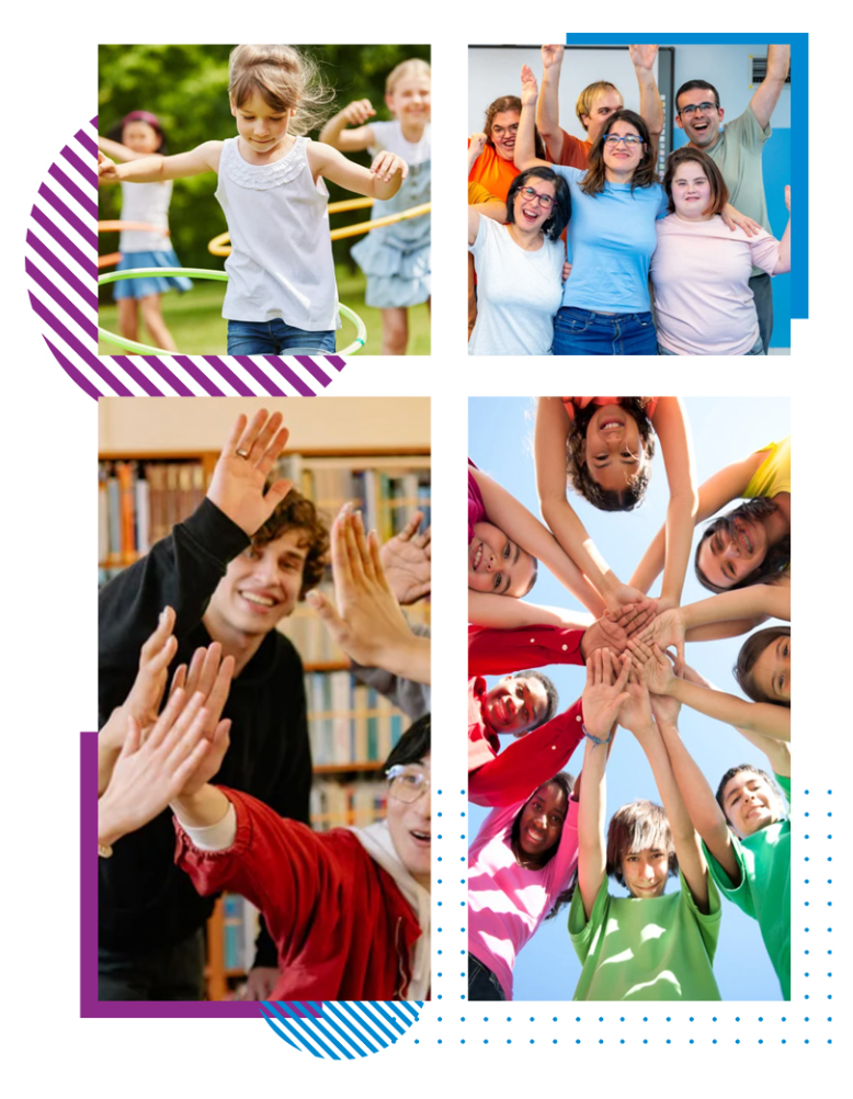 Collage of smiling people high-fiving and raising hands in colorful group photos