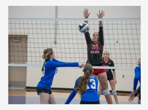 Indoor volleyball match: player in black jersey jumps to spike over the net as blue team defends.