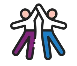 Two stylized figures in black outlines reaching up together, one with purple legs and one with blue legs