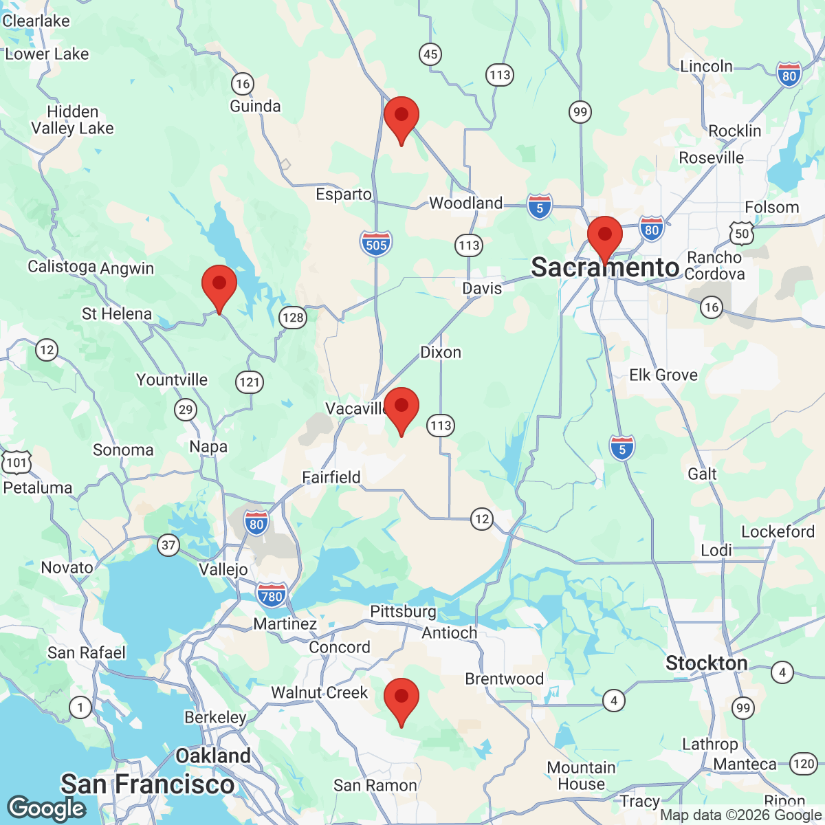 Map of Northern California with four red location pins around Sacramento and the Bay Area.