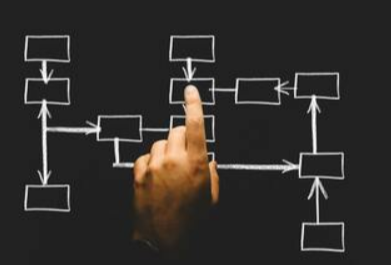 Picture of a diagram of a computer network being pointed at by a persons hand.