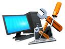 Picture of a desktop computer, laptop, screwdriver and a wrench.