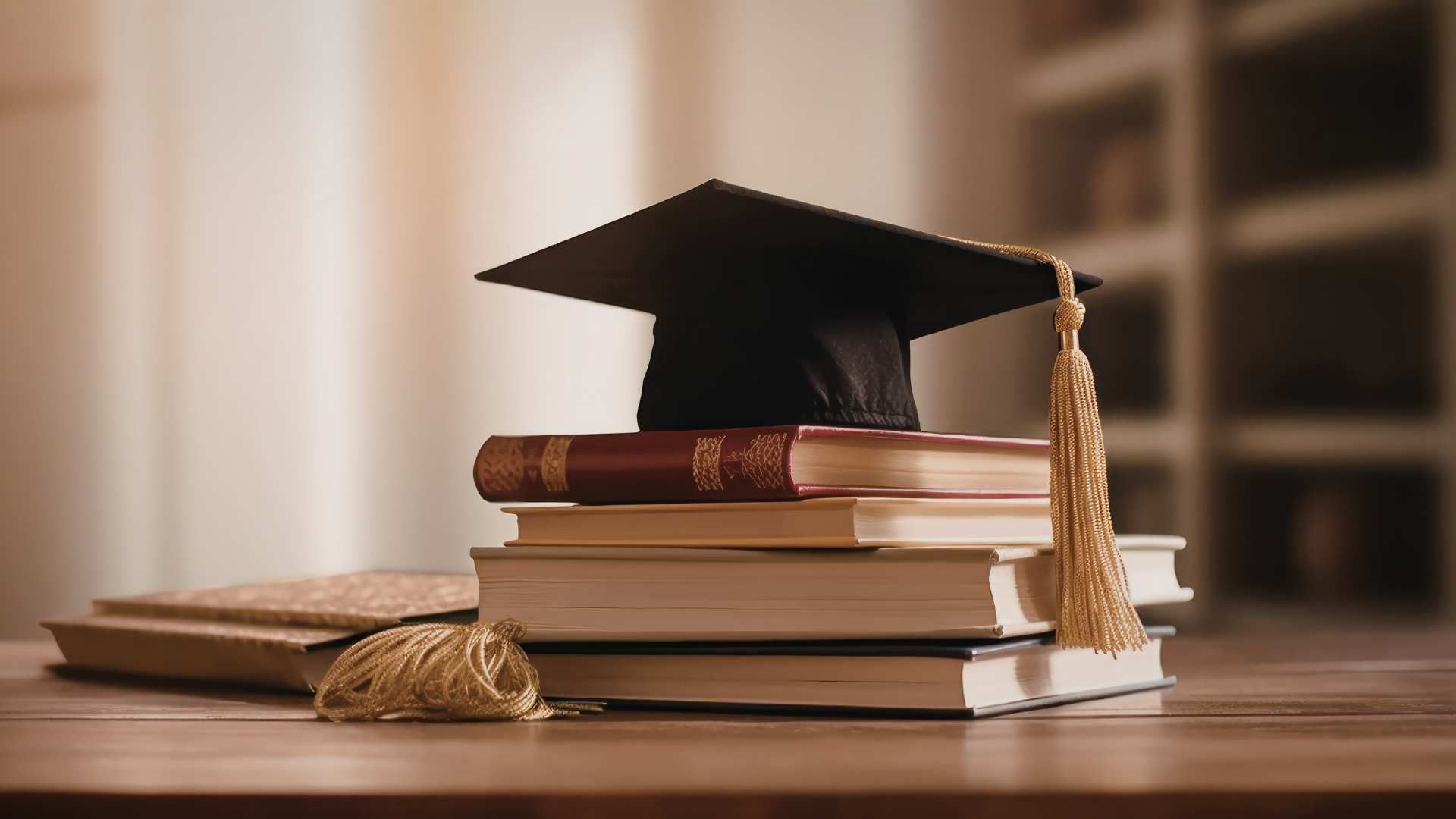 Graduation cap on stacked books with a tassel in a warm classroom setting