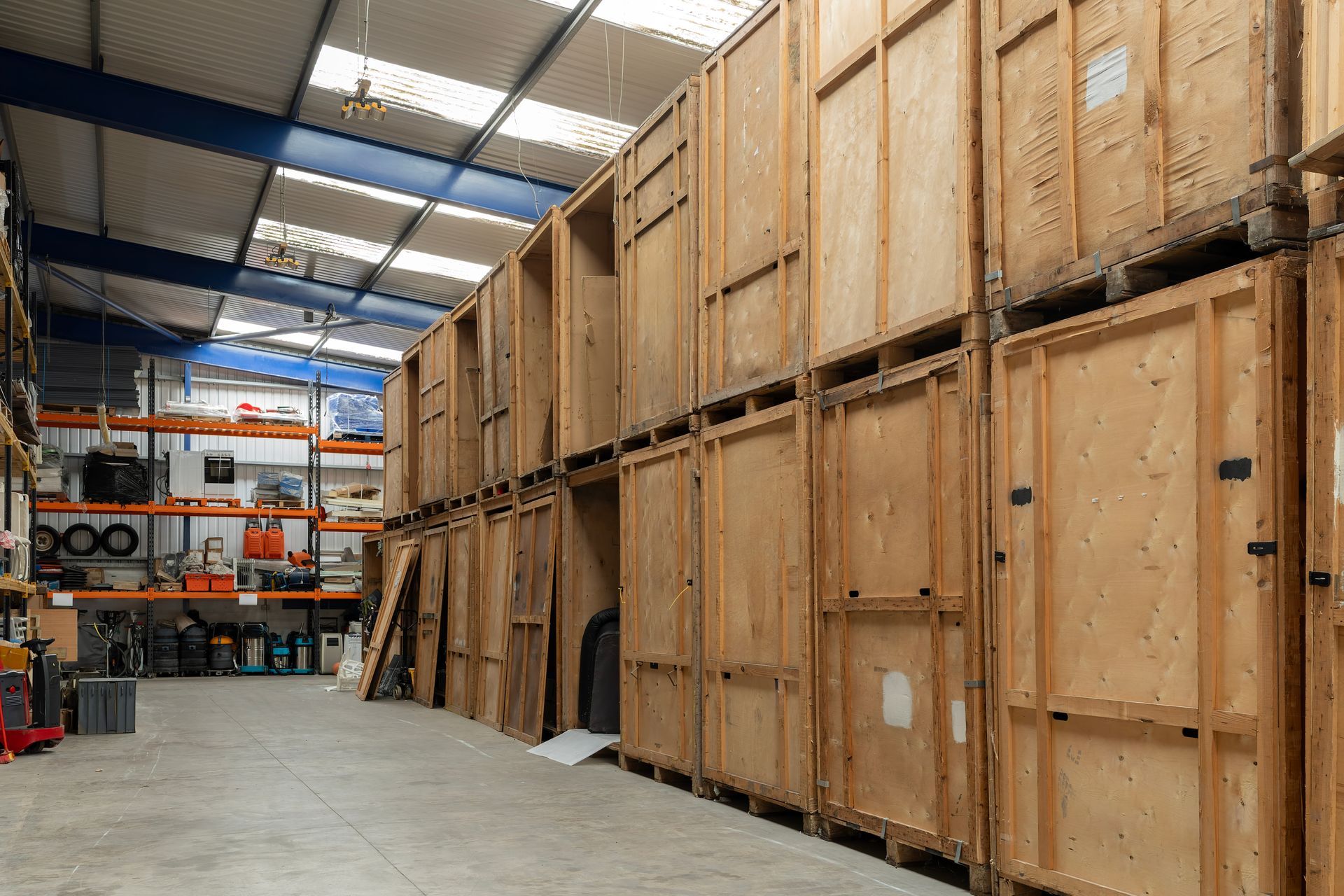 Wooden storage crates in a commercial warehousing space