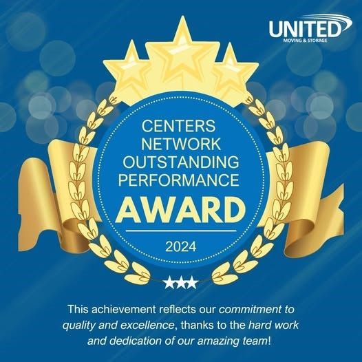 Award for United Moving & Storage, celebrating outstanding performance in 2024. Blue and gold design with stars and laurel wreath.