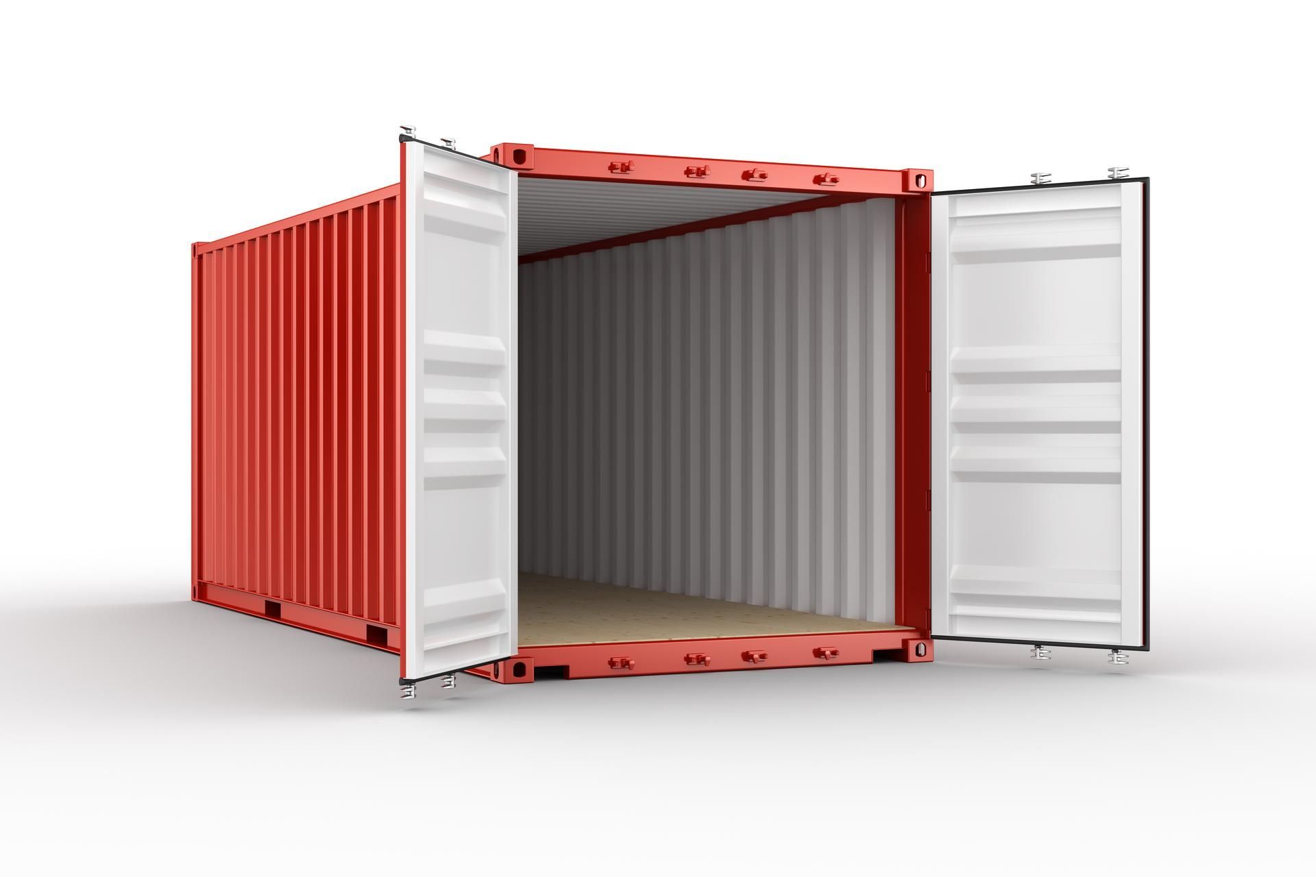 Red shipping container with open doors, empty interior.