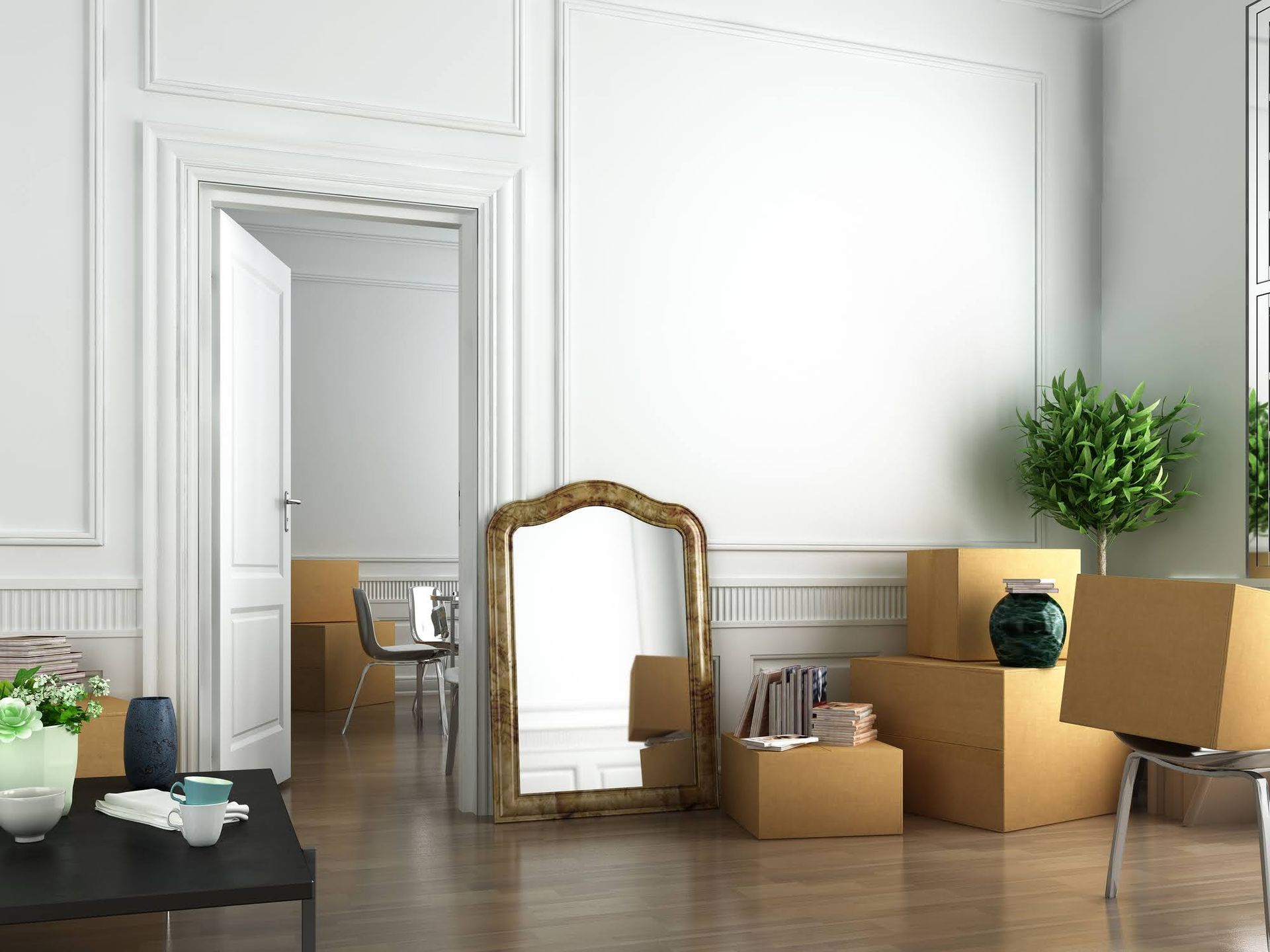 Empty room with moving boxes, ornate mirror, a small tree, and open doorway.