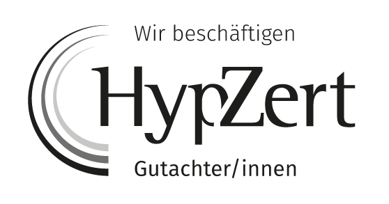 A black and white logo for hypzert gutachter / innen