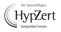 A black and white logo for hypzert gutachter / innen