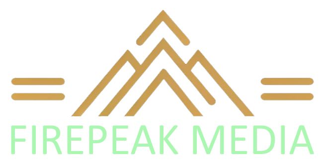 A logo for firepeak media with a mountain in the middle