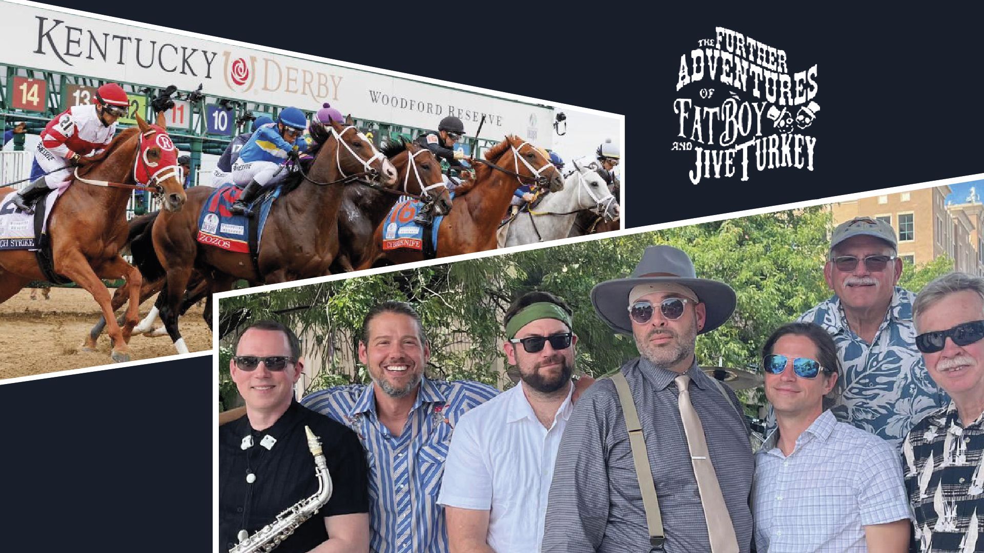 Horses racing at the Kentucky Derby and a group of men posing outdoors. Horses racing at the Kentucky Derby and a group of men posing outdoors.