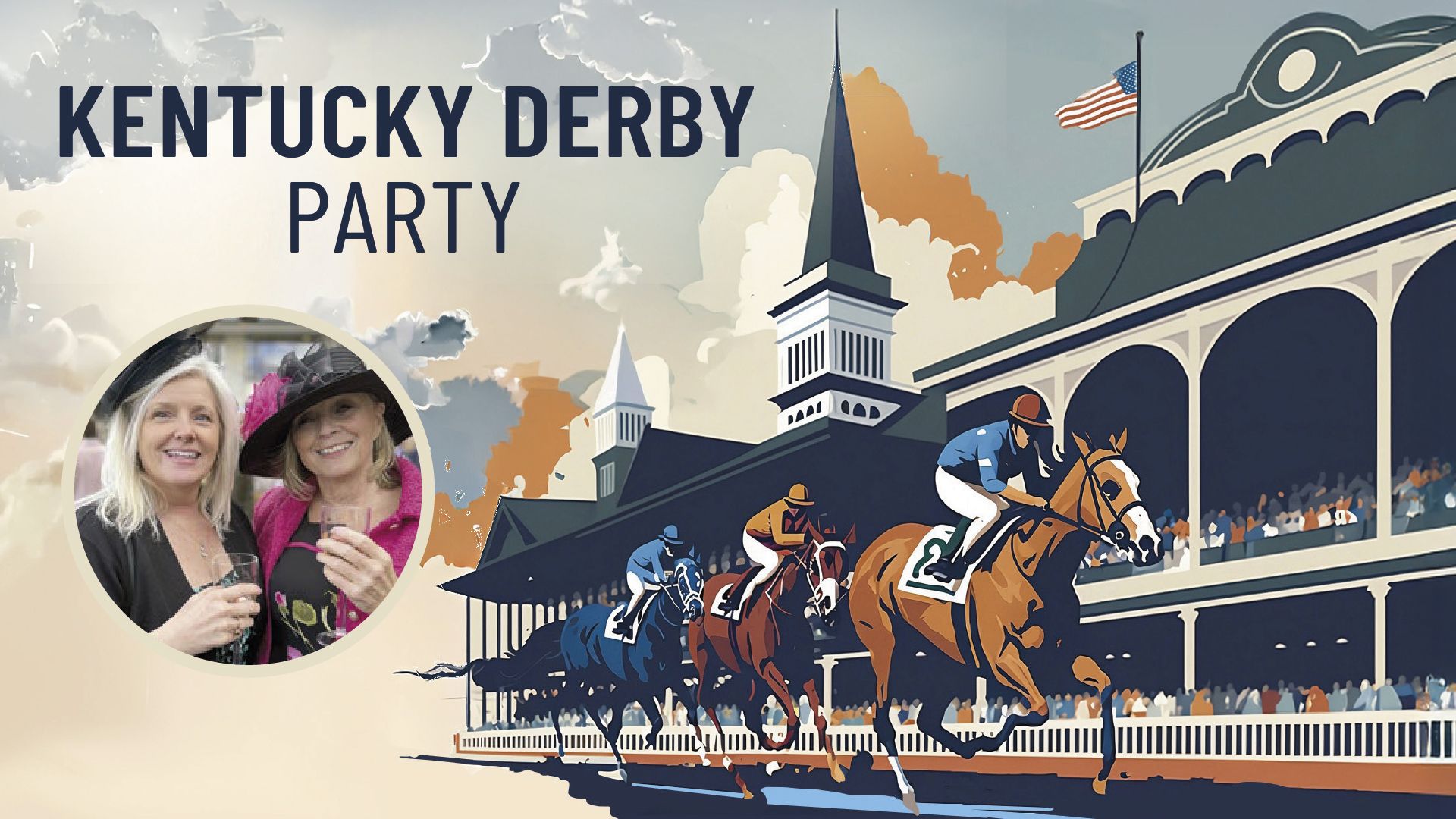 Horses racing at the Kentucky Derby and a group of men posing outdoors. Horses racing at the Kentucky Derby and a group of men posing outdoors.
