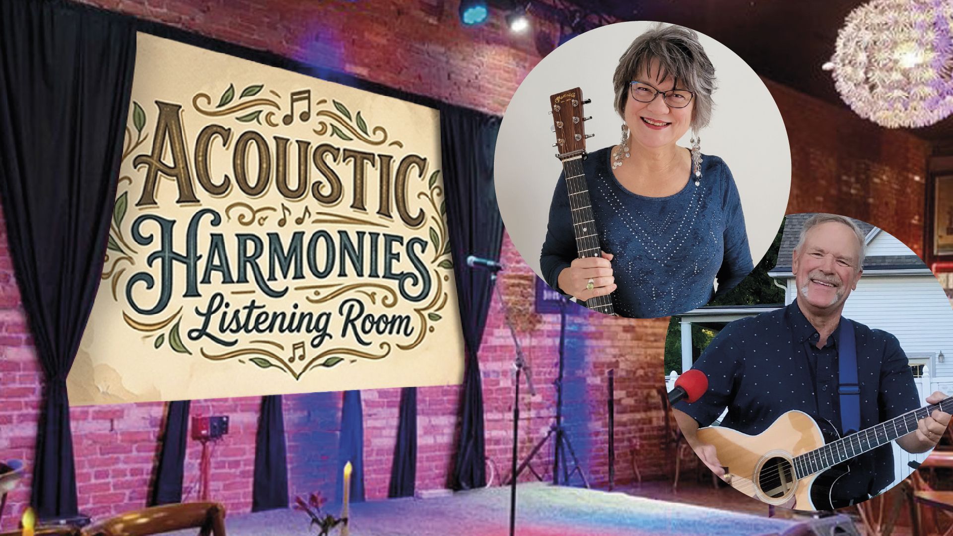 A stage backdrop for Acoustic Harmonies Listening Room, featuring portraits of two guitarists over a brick-walled setting. A stage backdrop for Acoustic Harmonies Listening Room, featuring portraits of two guitarists over a brick-walled setting.