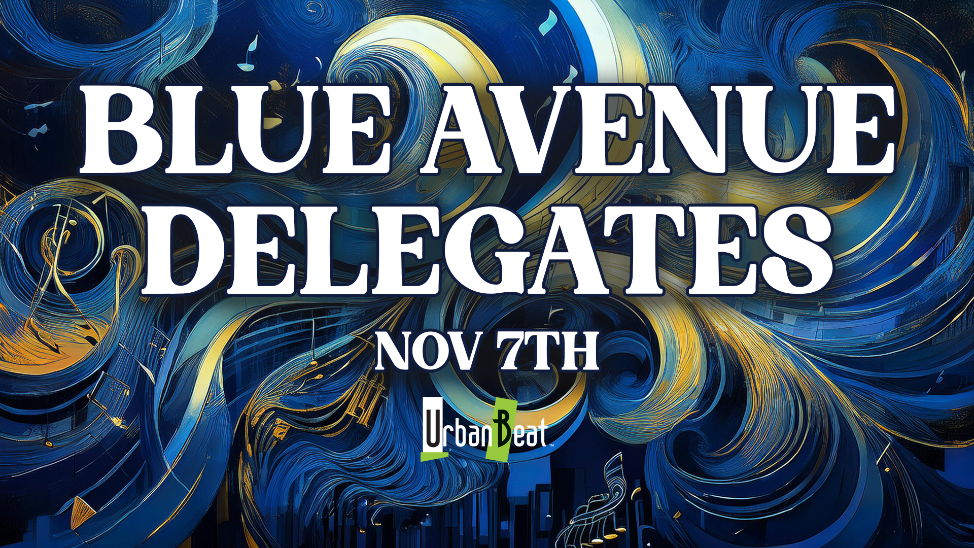Blue Avenue Delegates event poster, blue and gold abstract background, November 7th date.