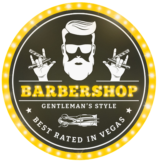 Barbershop logo: man with sunglasses and beard, holding razors. 