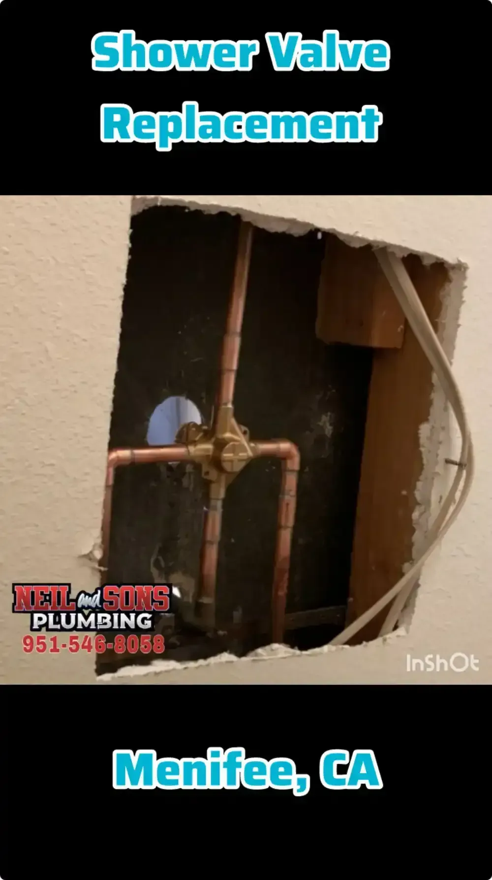 Shower valve replacement showing copper pipes and the valve in a wall in Menifee, CA.
