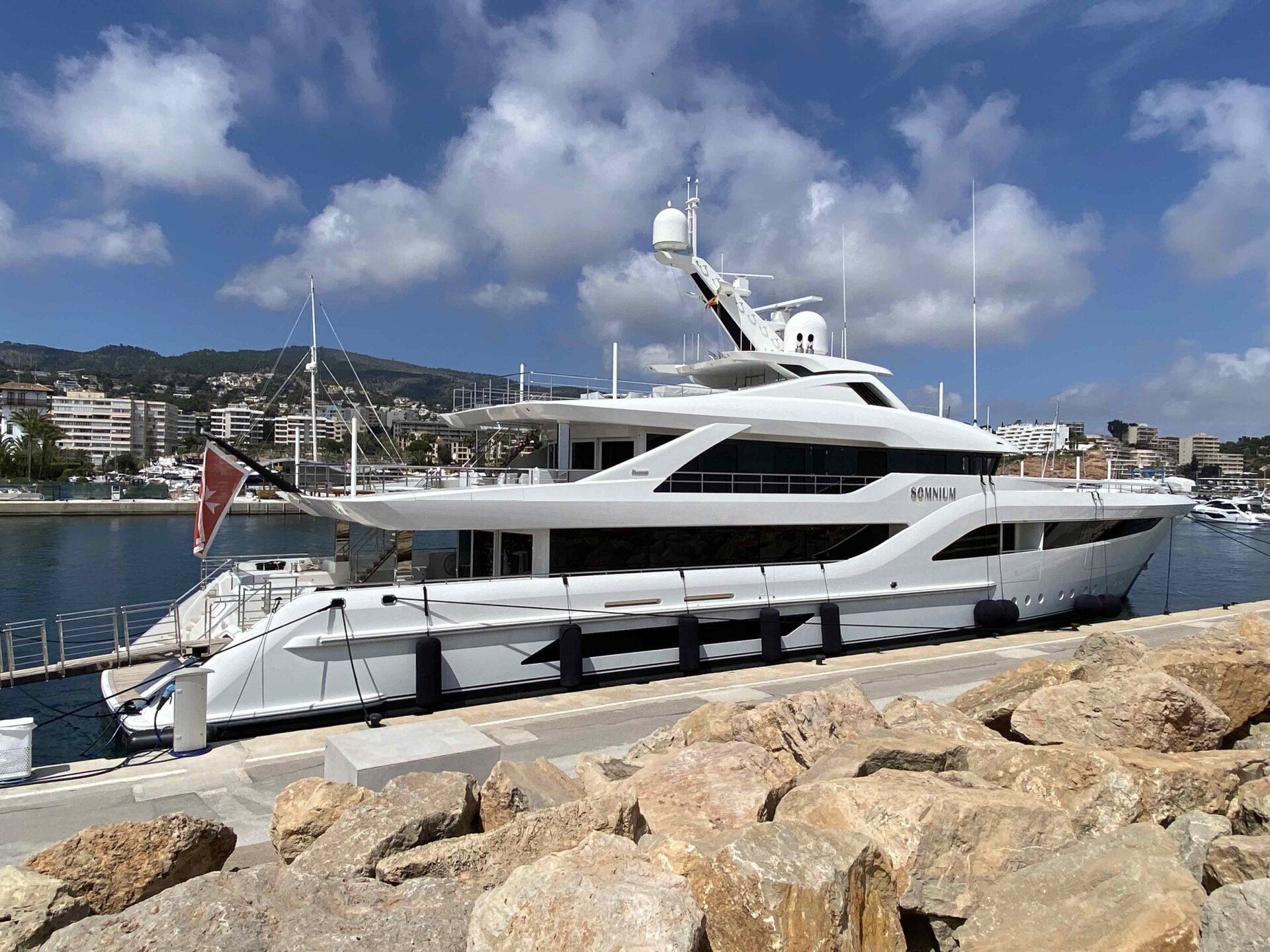 a large white yacht is docked in a harbor .