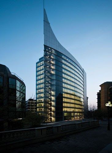 The Blade building in Reading is lit up at night .