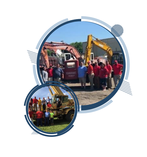 Two groups of construction workers pose with heavy machinery, set in an outdoor location.
