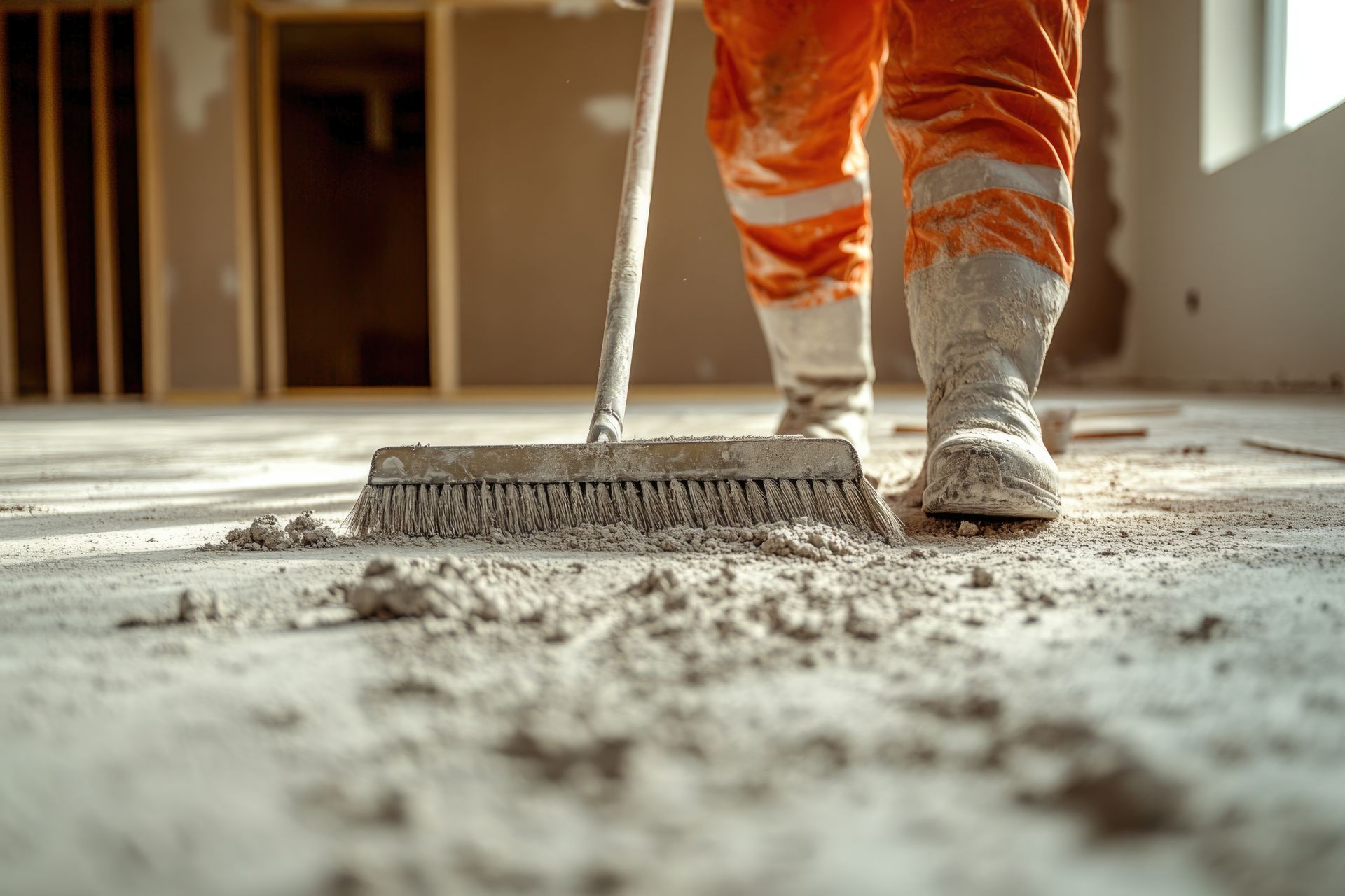 Person in orange work clothes sweeps concrete debris on a construction site.