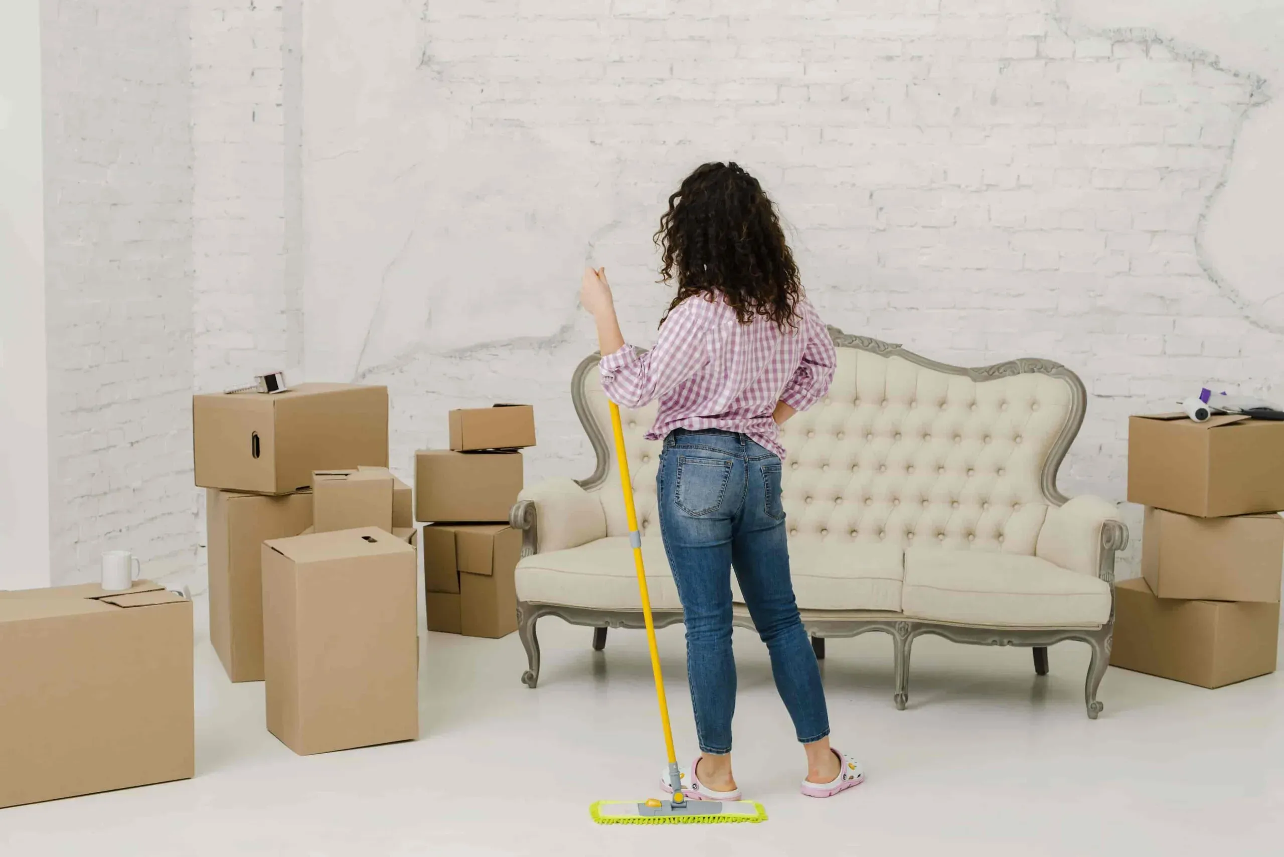 Woman mopping a white floor in a room with a couch, boxes, and white walls.