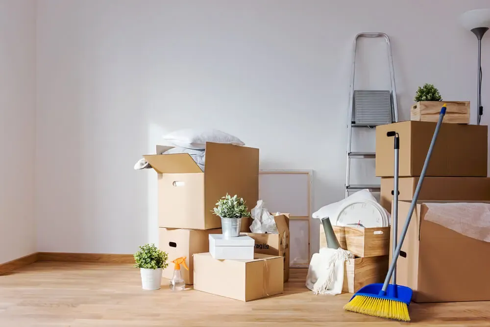 Boxes, cleaning supplies, and ladder in room, likely during a move, with hardwood floors and white walls.