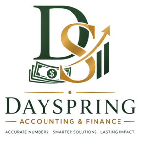 Dayspring Accounting & Finance logo with green and gold letters, dollar bills, and upward arrow graph