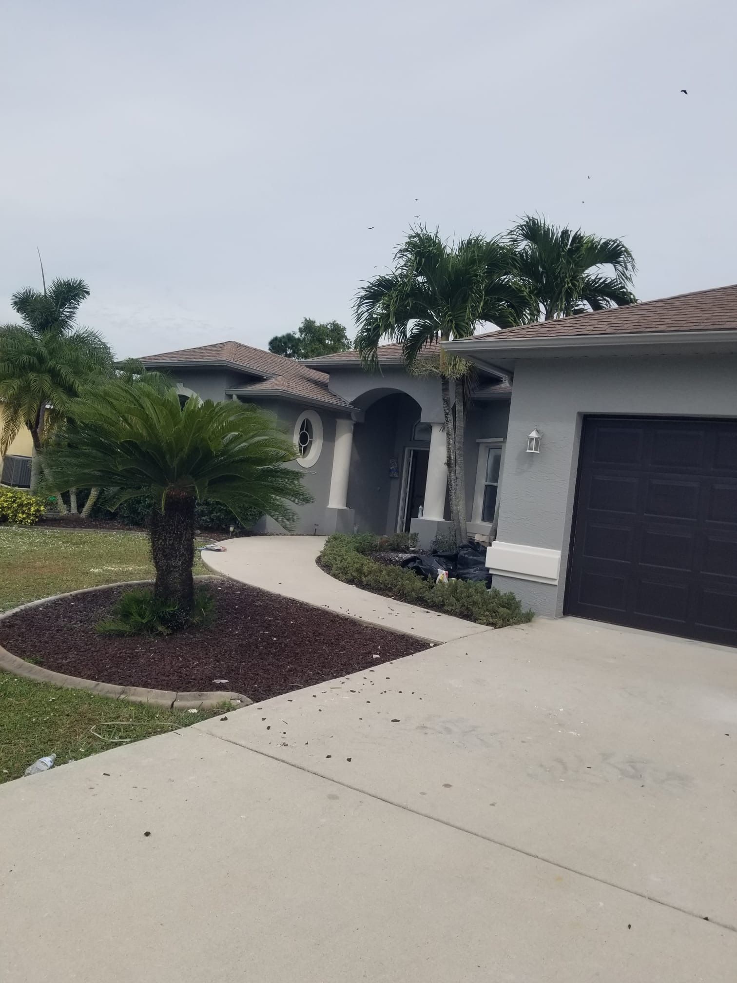 Gray house with brown roof, palm trees, and a concrete driveway.