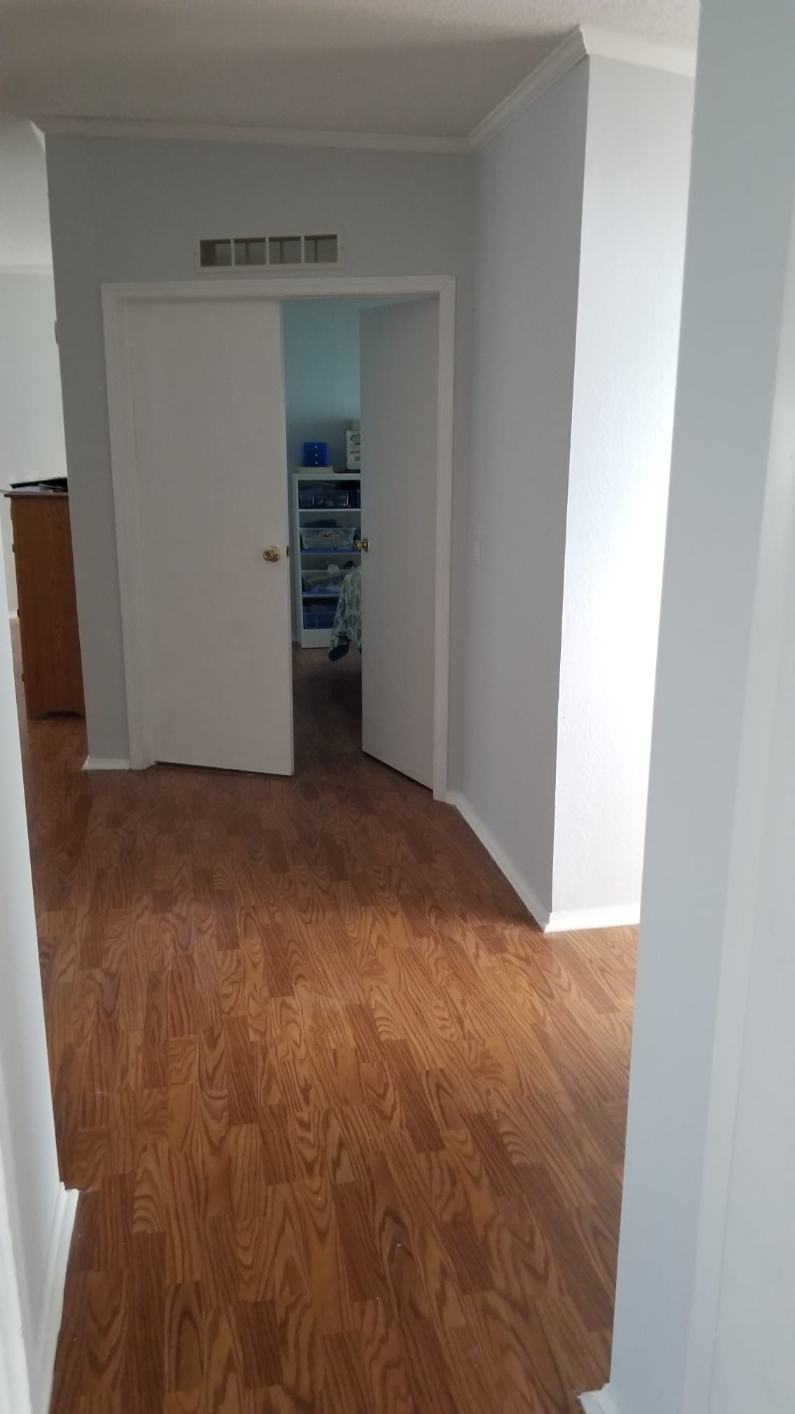 Hallway with brown wood-look flooring, light blue walls, and a closet with a partially open door.
