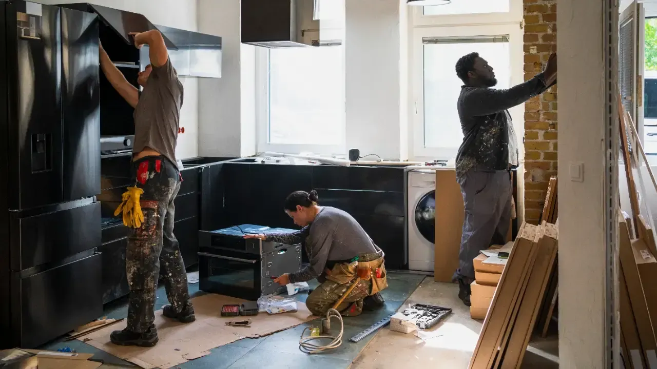 Three people installing black kitchen cabinets in a room with a window, washing machine, and bare brick wall.