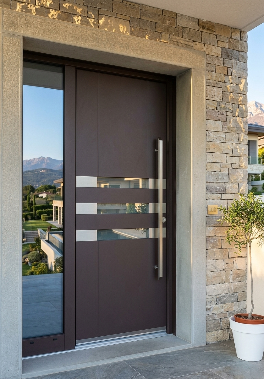 Moderna porta d’ingresso marrone scuro con pannelli di vetro orizzontali, maniglia argentata e ingresso in pietra