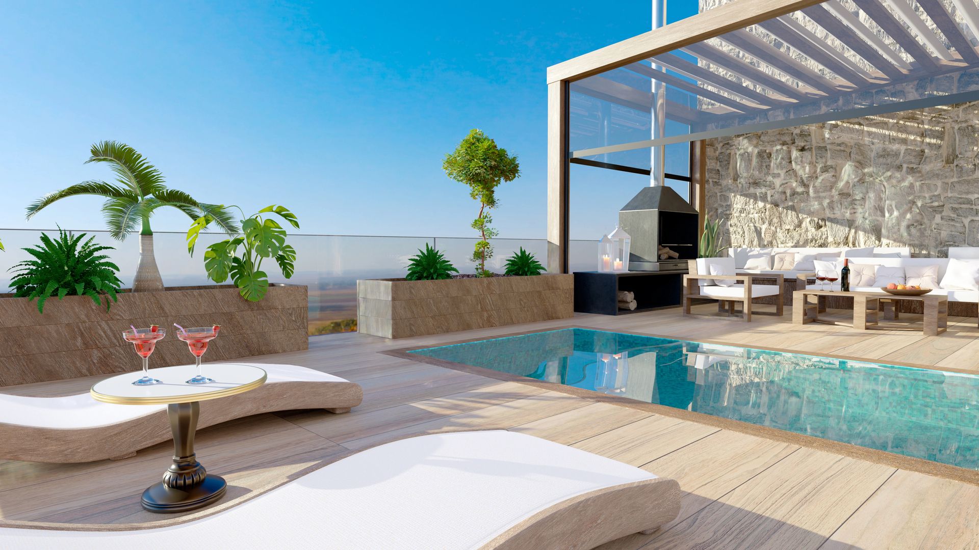 Esclusiva terrazza panoramica con piscina, lettini, palme in vaso e vista sull’oceano sotto un pergolato