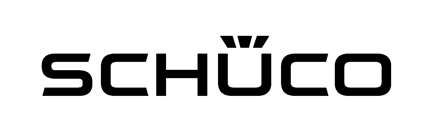 Logo SCHÜCO nero con dieresi sulla U, su sfondo bianco