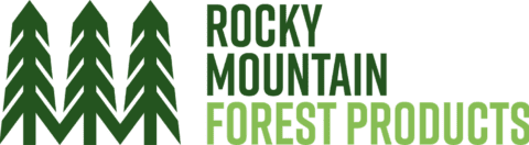 Rocky Mountain Forest Products logo with three green pine trees and green text on white background